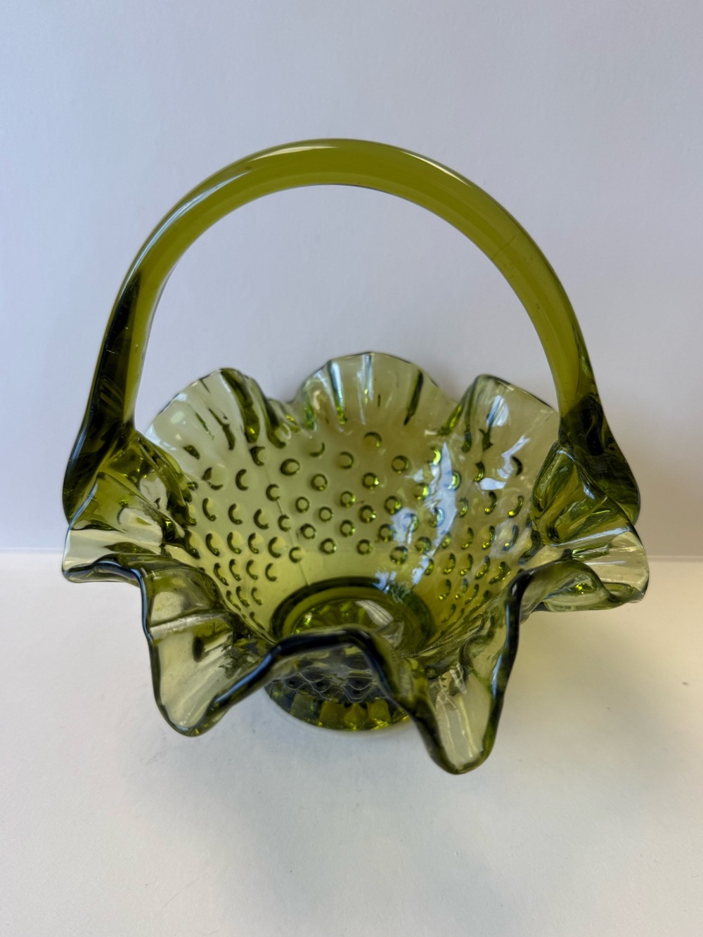 Vintage Avocado Green Hobnail Handled Glass Basket